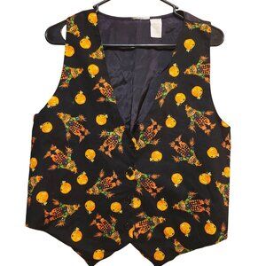 Vintage 90s Women's Medium Halloween Vest Black Pumpkin Scarecrow Print Fall